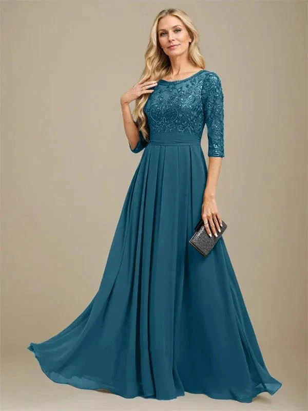 A-Line Scoop Floor-Length Lace Chiffon Mother Of the Bride Dress With Sequins Applique - Image 38