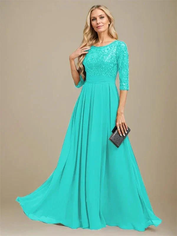 A-Line Scoop Floor-Length Lace Chiffon Mother Of the Bride Dress With Sequins Applique - Image 39