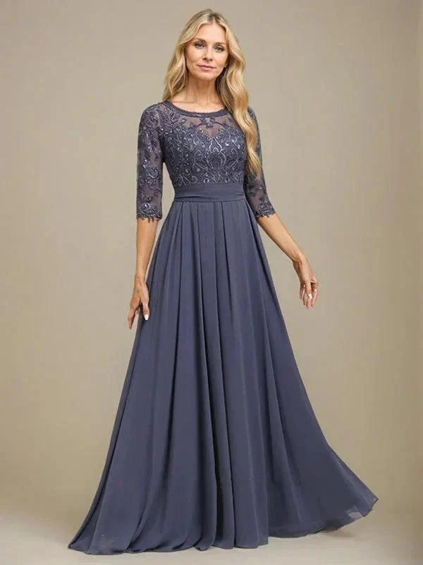 A-Line Scoop Floor-Length Lace Chiffon Mother Of the Bride Dress With Sequins Applique - Image 4
