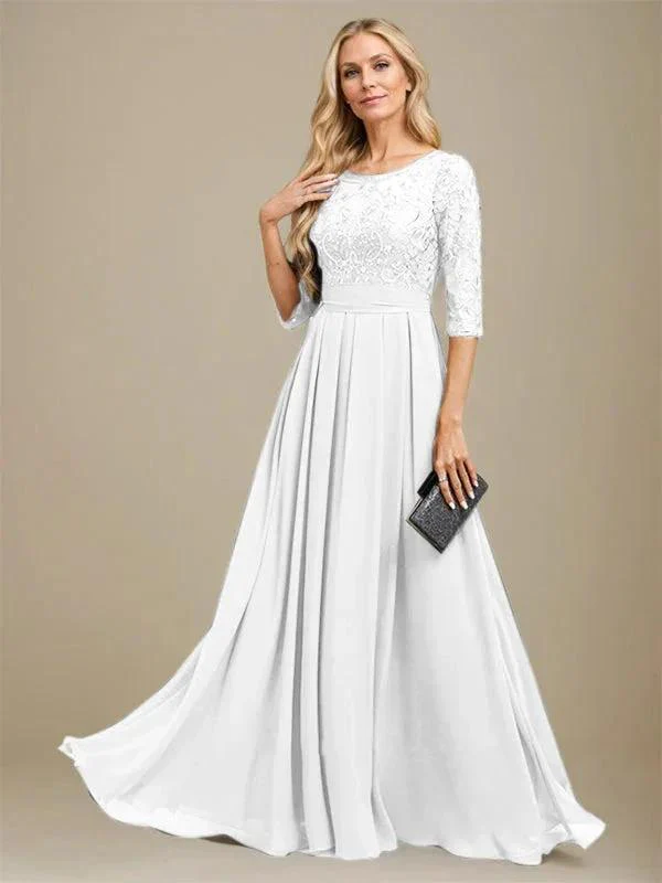 A-Line Scoop Floor-Length Lace Chiffon Mother Of the Bride Dress With Sequins Applique - Image 40