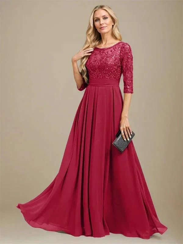 A-Line Scoop Floor-Length Lace Chiffon Mother Of the Bride Dress With Sequins Applique - Image 41