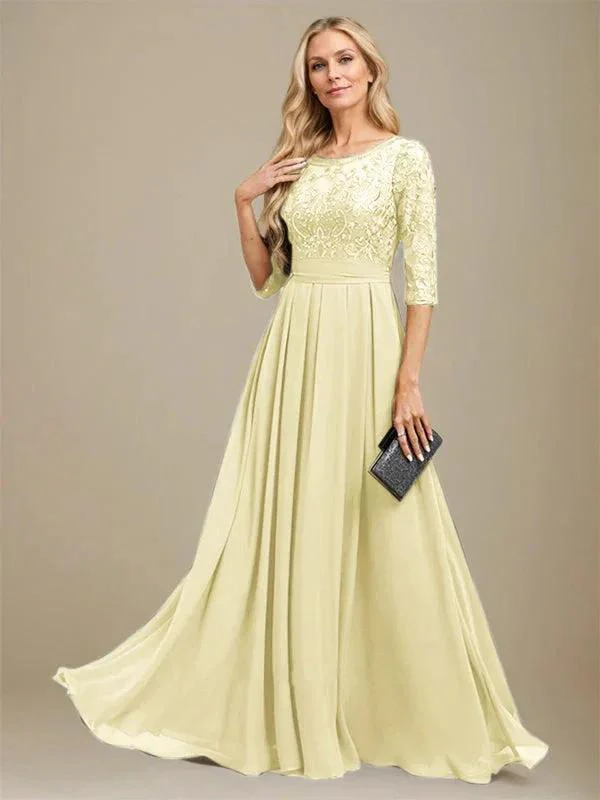 A-Line Scoop Floor-Length Lace Chiffon Mother Of the Bride Dress With Sequins Applique - Image 42