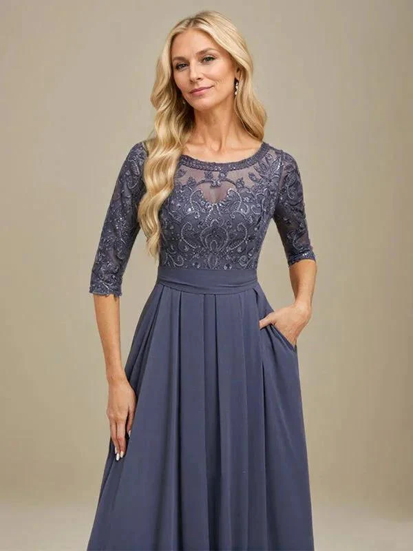 A-Line Scoop Floor-Length Lace Chiffon Mother Of the Bride Dress With Sequins Applique - Image 5