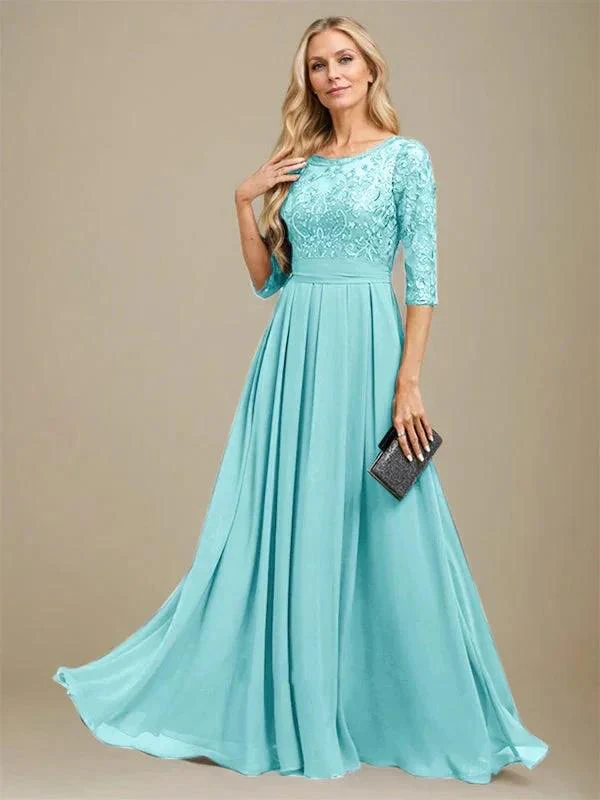 A-Line Scoop Floor-Length Lace Chiffon Mother Of the Bride Dress With Sequins Applique - Image 8