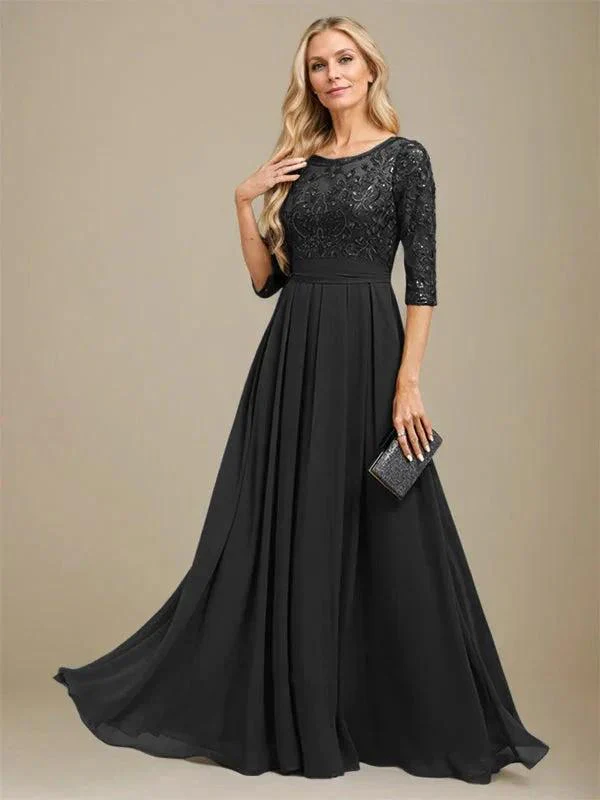 A-Line Scoop Floor-Length Lace Chiffon Mother Of the Bride Dress With Sequins Applique - Image 9