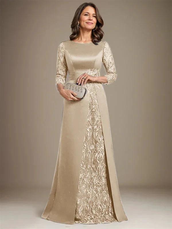 A-Line Scoop Floor-Length Lace Satin Mother Of the Bride Dress With Applique - Image 10