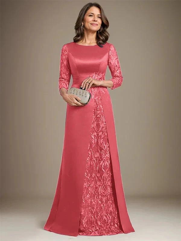 A-Line Scoop Floor-Length Lace Satin Mother Of the Bride Dress With Applique - Image 11