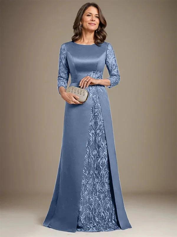 A-Line Scoop Floor-Length Lace Satin Mother Of the Bride Dress With Applique - Image 12