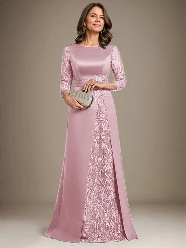 A-Line Scoop Floor-Length Lace Satin Mother Of the Bride Dress With Applique - Image 13