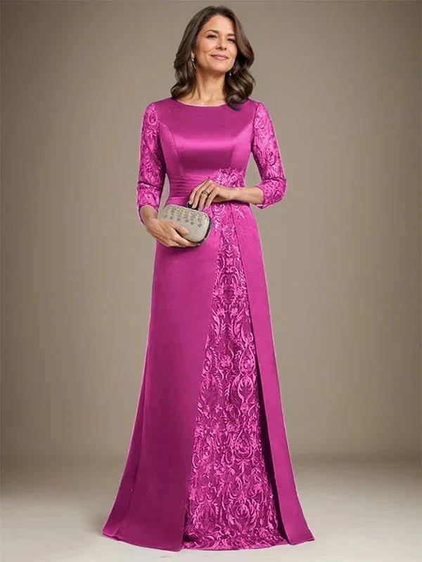 A-Line Scoop Floor-Length Lace Satin Mother Of the Bride Dress With Applique - Image 14