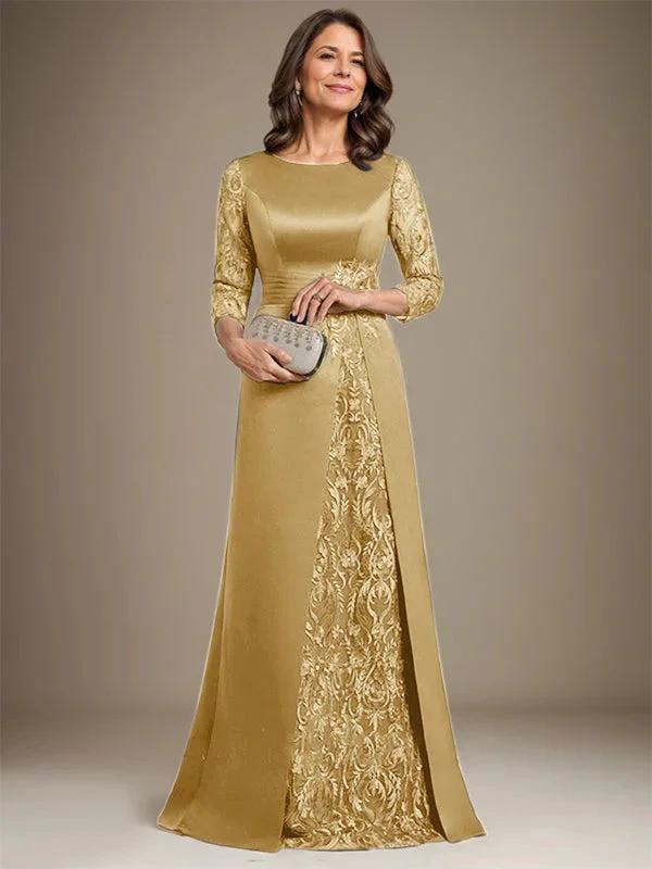 A-Line Scoop Floor-Length Lace Satin Mother Of the Bride Dress With Applique - Image 15