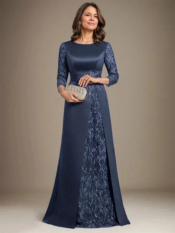 A-Line Scoop Floor-Length Lace Satin Mother Of the Bride Dress With Applique - Image 16