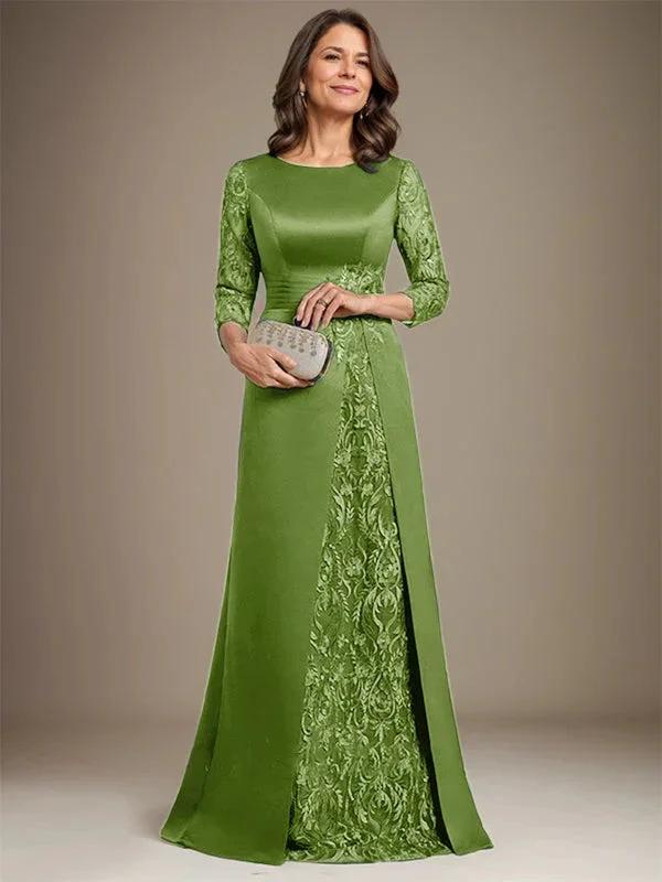 A-Line Scoop Floor-Length Lace Satin Mother Of the Bride Dress With Applique - Image 17