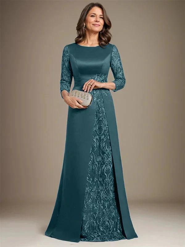 A-Line Scoop Floor-Length Lace Satin Mother Of the Bride Dress With Applique - Image 18