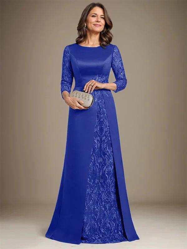 A-Line Scoop Floor-Length Lace Satin Mother Of the Bride Dress With Applique - Image 19