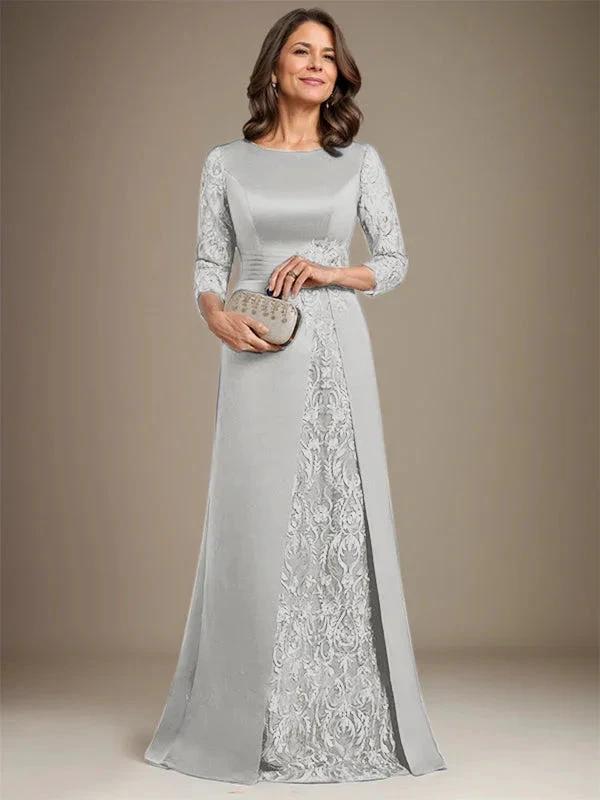A-Line Scoop Floor-Length Lace Satin Mother Of the Bride Dress With Applique - Image 20