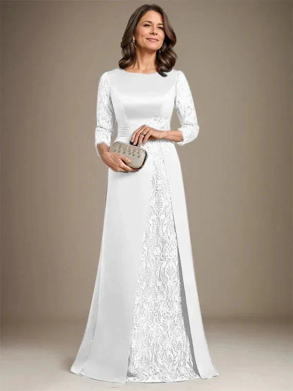 A-Line Scoop Floor-Length Lace Satin Mother Of the Bride Dress With Applique - Image 21