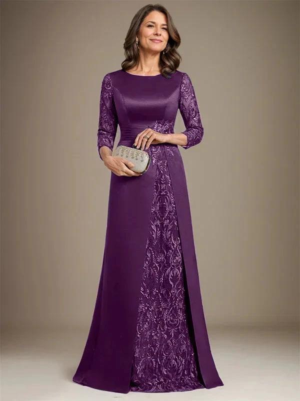 A-Line Scoop Floor-Length Lace Satin Mother Of the Bride Dress With Applique - Image 22