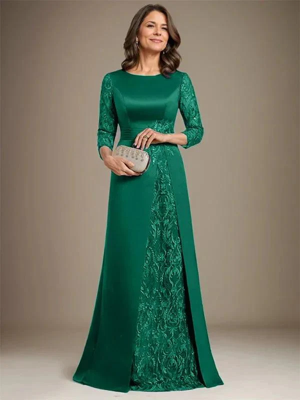 A-Line Scoop Floor-Length Lace Satin Mother Of the Bride Dress With Applique - Image 23
