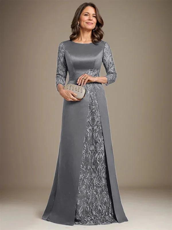 A-Line Scoop Floor-Length Lace Satin Mother Of the Bride Dress With Applique - Image 24