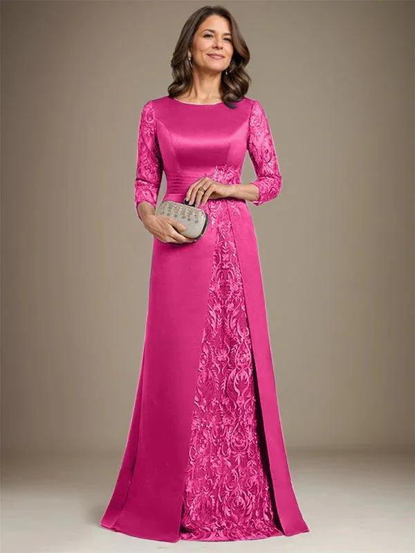 A-Line Scoop Floor-Length Lace Satin Mother Of the Bride Dress With Applique - Image 25