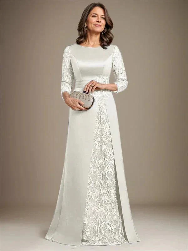 A-Line Scoop Floor-Length Lace Satin Mother Of the Bride Dress With Applique - Image 26