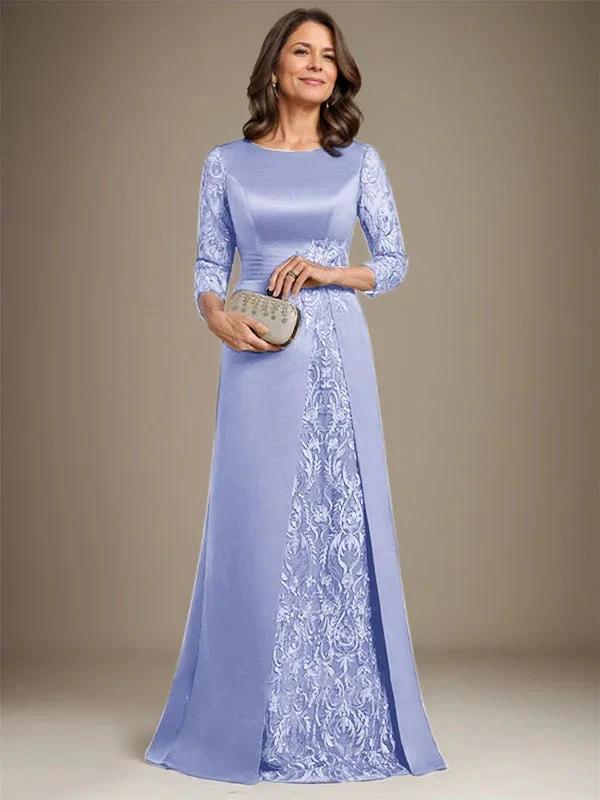 A-Line Scoop Floor-Length Lace Satin Mother Of the Bride Dress With Applique - Image 27