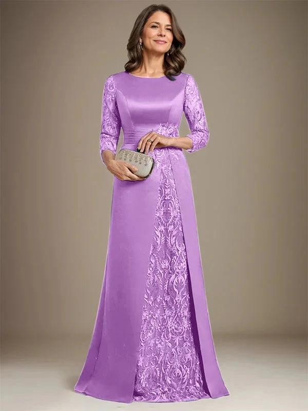A-Line Scoop Floor-Length Lace Satin Mother Of the Bride Dress With Applique - Image 28