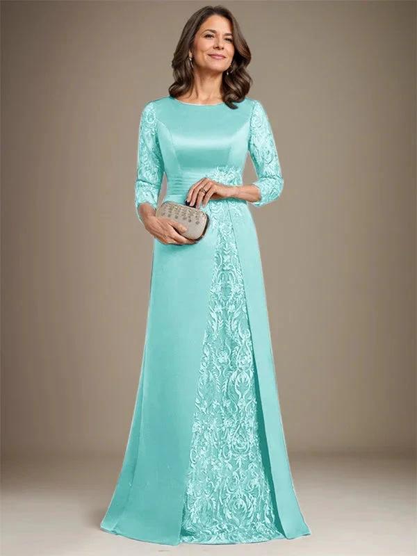 A-Line Scoop Floor-Length Lace Satin Mother Of the Bride Dress With Applique - Image 29