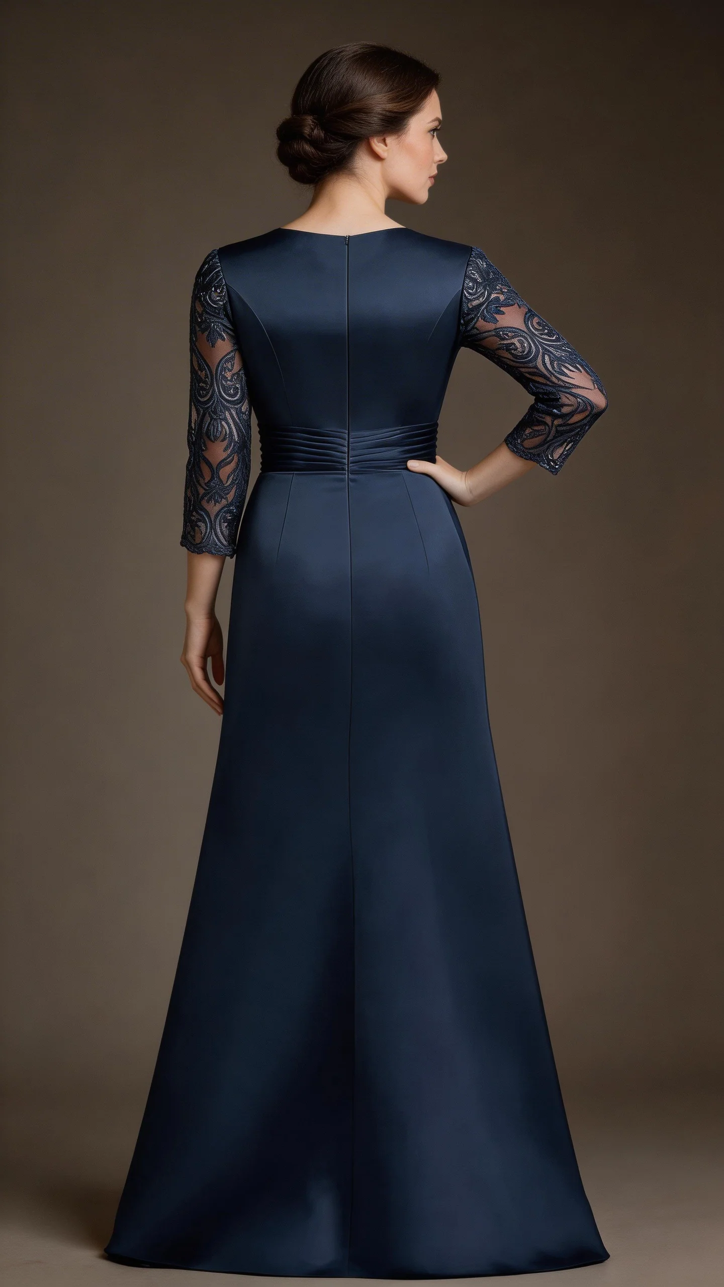 A-Line Scoop Floor-Length Lace Satin Mother Of the Bride Dress With Applique - Image 3