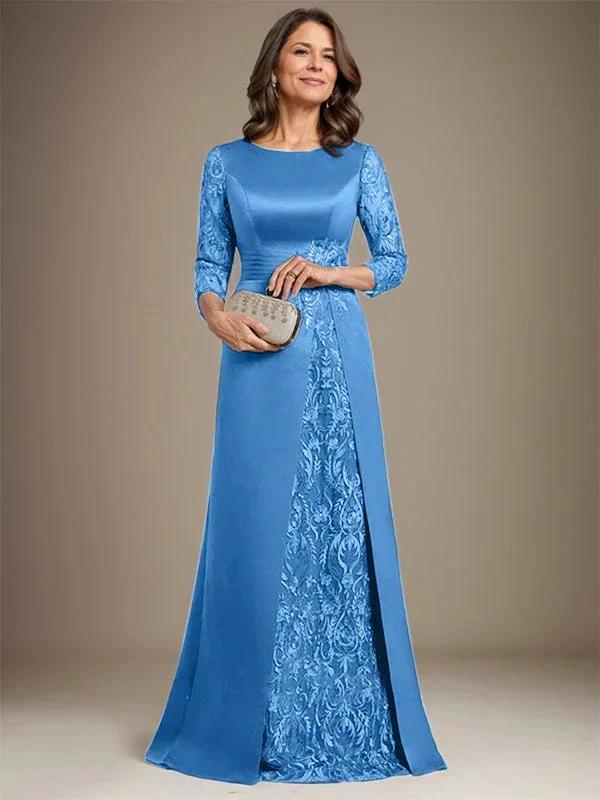 A-Line Scoop Floor-Length Lace Satin Mother Of the Bride Dress With Applique - Image 30