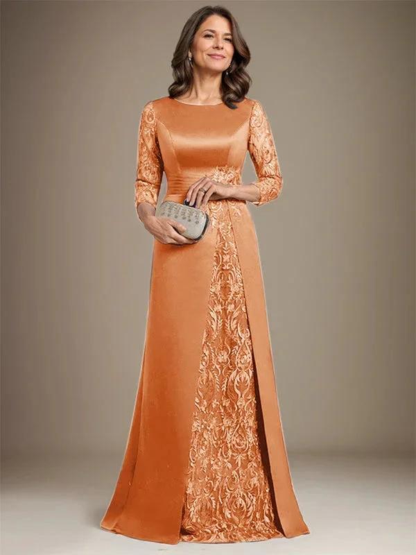A-Line Scoop Floor-Length Lace Satin Mother Of the Bride Dress With Applique - Image 31