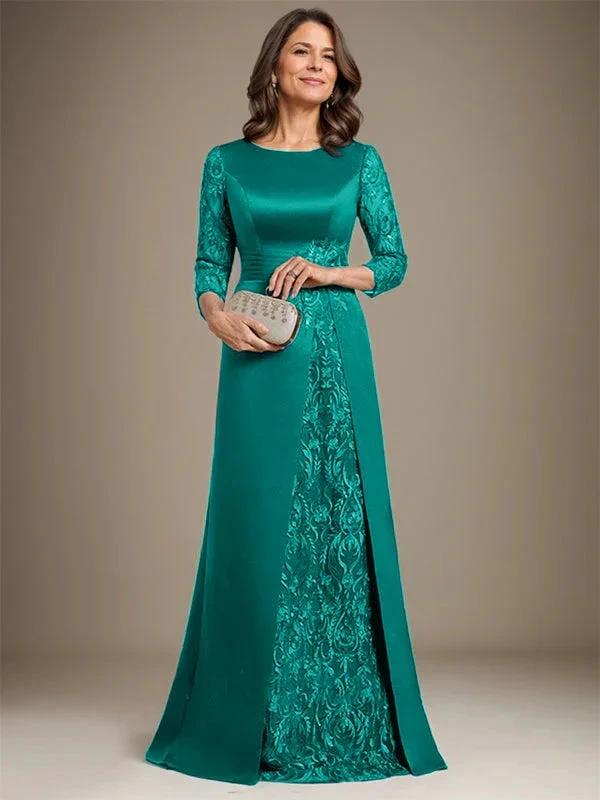 A-Line Scoop Floor-Length Lace Satin Mother Of the Bride Dress With Applique - Image 32