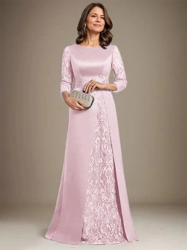 A-Line Scoop Floor-Length Lace Satin Mother Of the Bride Dress With Applique - Image 33