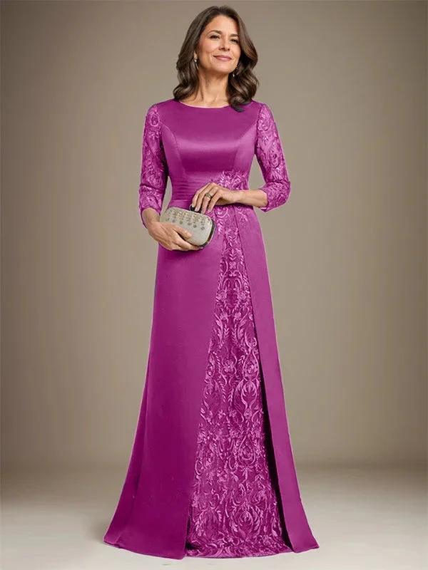A-Line Scoop Floor-Length Lace Satin Mother Of the Bride Dress With Applique - Image 34