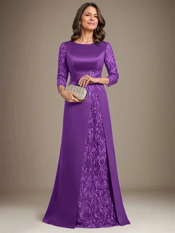 A-Line Scoop Floor-Length Lace Satin Mother Of the Bride Dress With Applique - Image 35