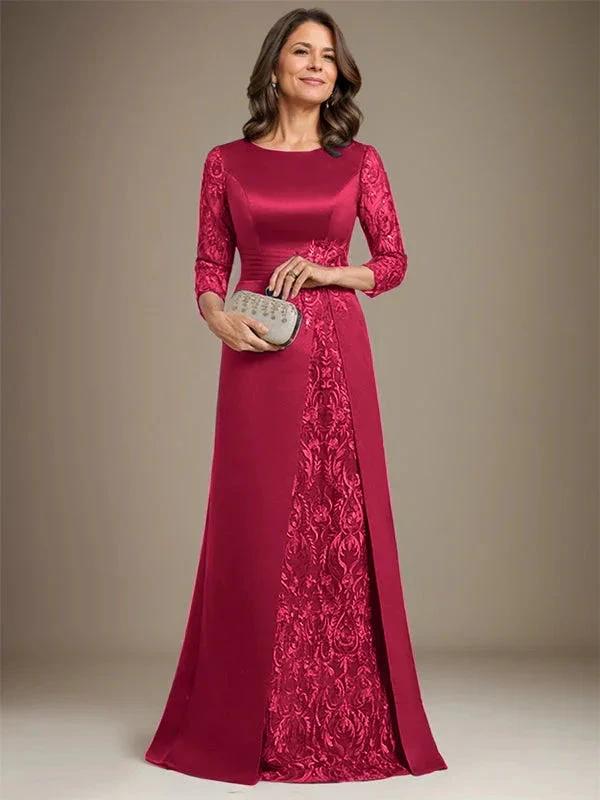 A-Line Scoop Floor-Length Lace Satin Mother Of the Bride Dress With Applique - Image 36