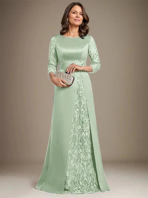 A-Line Scoop Floor-Length Lace Satin Mother Of the Bride Dress With Applique - Image 37