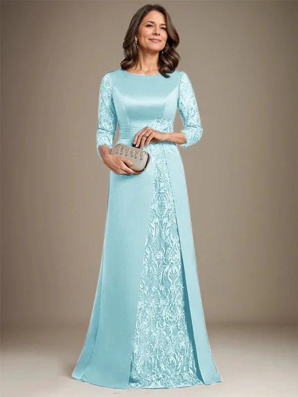 A-Line Scoop Floor-Length Lace Satin Mother Of the Bride Dress With Applique - Image 38