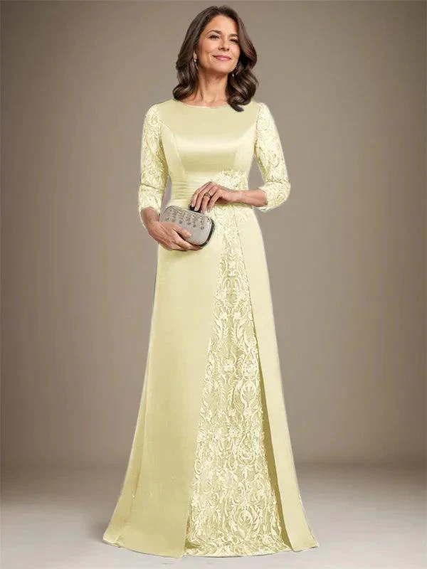A-Line Scoop Floor-Length Lace Satin Mother Of the Bride Dress With Applique - Image 39
