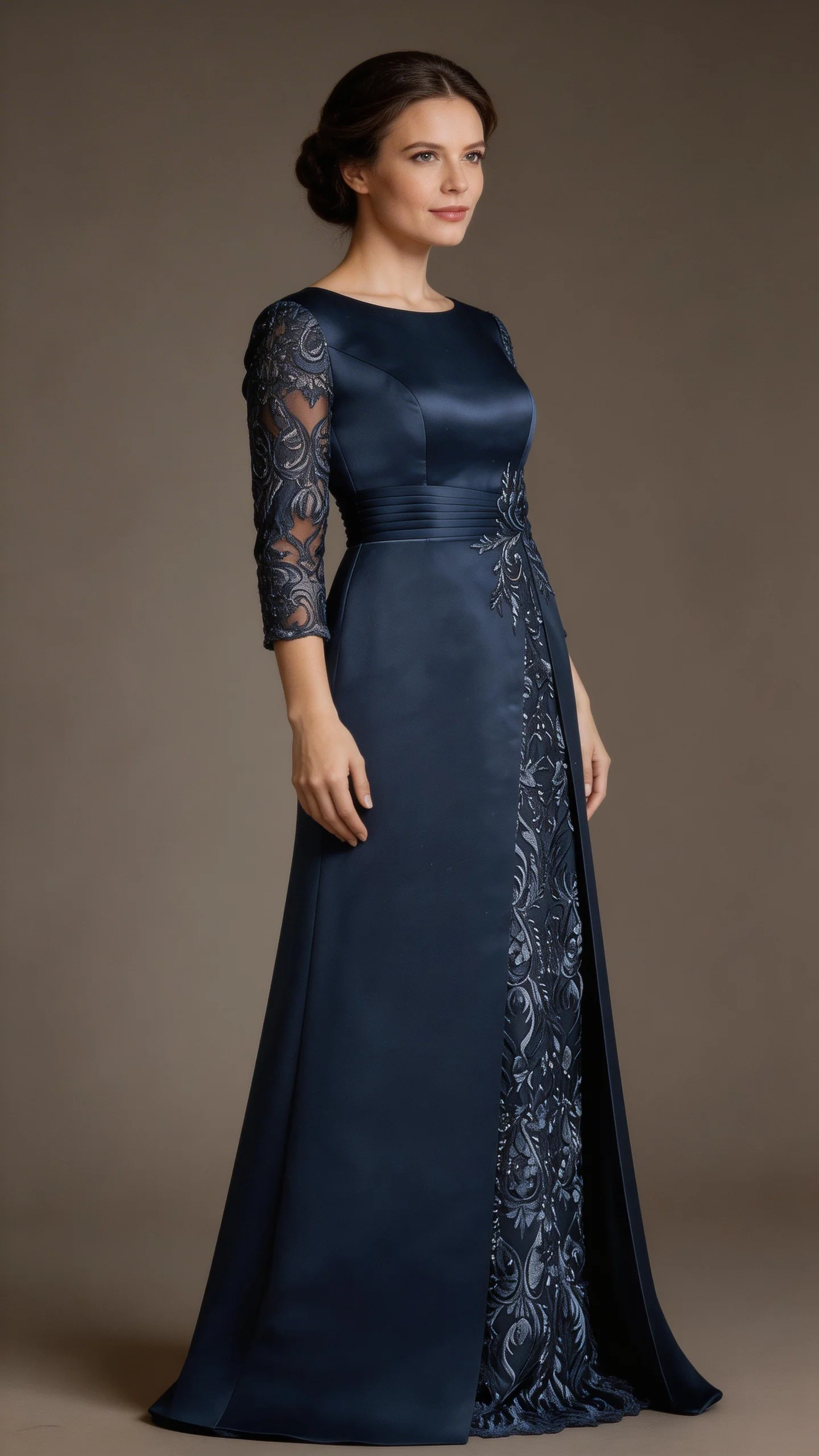 A-Line Scoop Floor-Length Lace Satin Mother Of the Bride Dress With Applique - Image 4