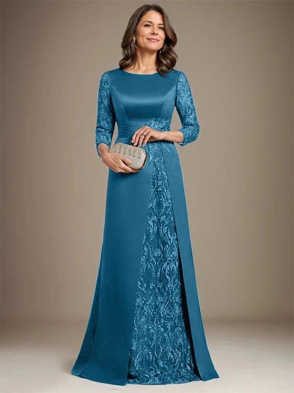 A-Line Scoop Floor-Length Lace Satin Mother Of the Bride Dress With Applique - Image 5