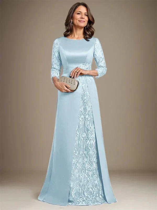 A-Line Scoop Floor-Length Lace Satin Mother Of the Bride Dress With Applique - Image 6