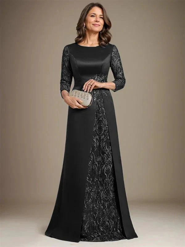 A-Line Scoop Floor-Length Lace Satin Mother Of the Bride Dress With Applique - Image 7