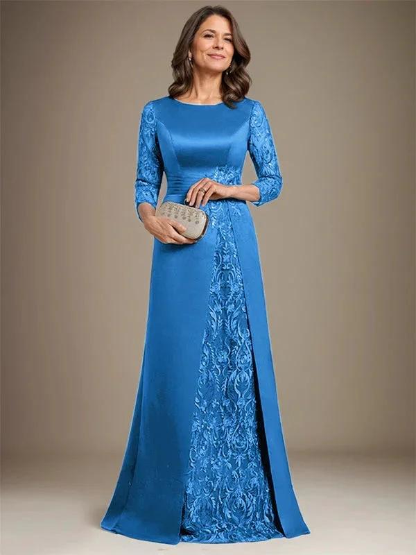 A-Line Scoop Floor-Length Lace Satin Mother Of the Bride Dress With Applique - Image 8