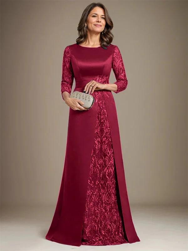 A-Line Scoop Floor-Length Lace Satin Mother Of the Bride Dress With Applique - Image 9