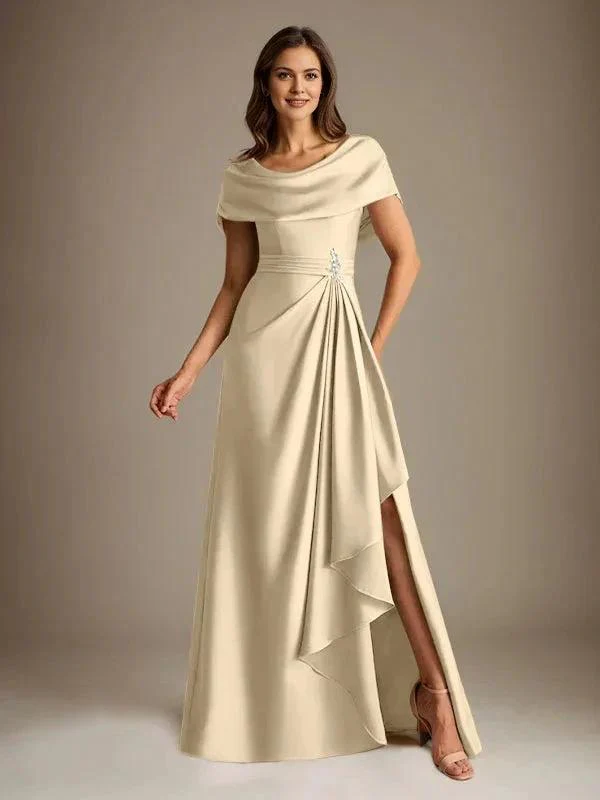 A-Line Scoop Floor-Length Stretch Satin Mother of the Bride Dress With Cascading Ruffles - Image 12