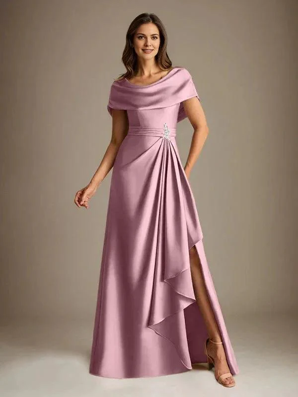 A-Line Scoop Floor-Length Stretch Satin Mother of the Bride Dress With Cascading Ruffles - Image 13