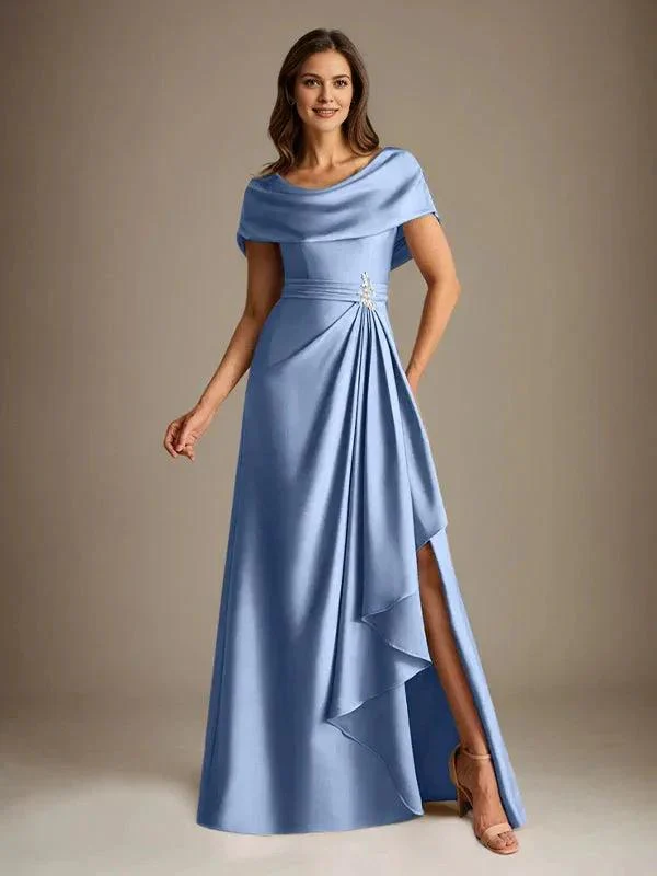 A-Line Scoop Floor-Length Stretch Satin Mother of the Bride Dress With Cascading Ruffles - Image 14
