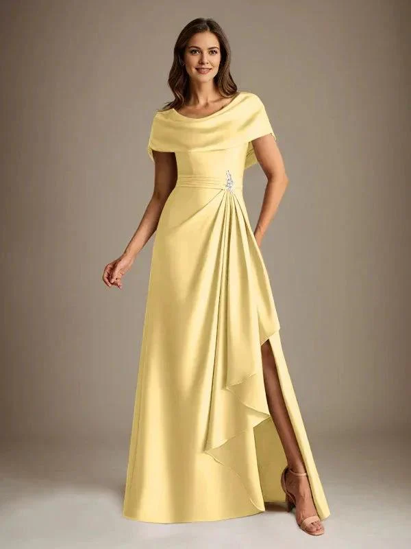 A-Line Scoop Floor-Length Stretch Satin Mother of the Bride Dress With Cascading Ruffles - Image 16